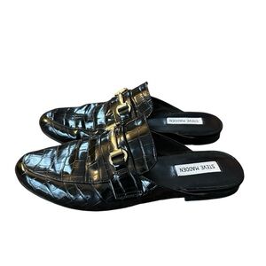 Steve Madden Kandi black crocodile embossed slip on mules with horse bit detail
